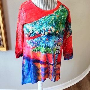 Leoma Lovegrove Vibrant Red & Blue Christmas Tree-Print Women's Tunic Top